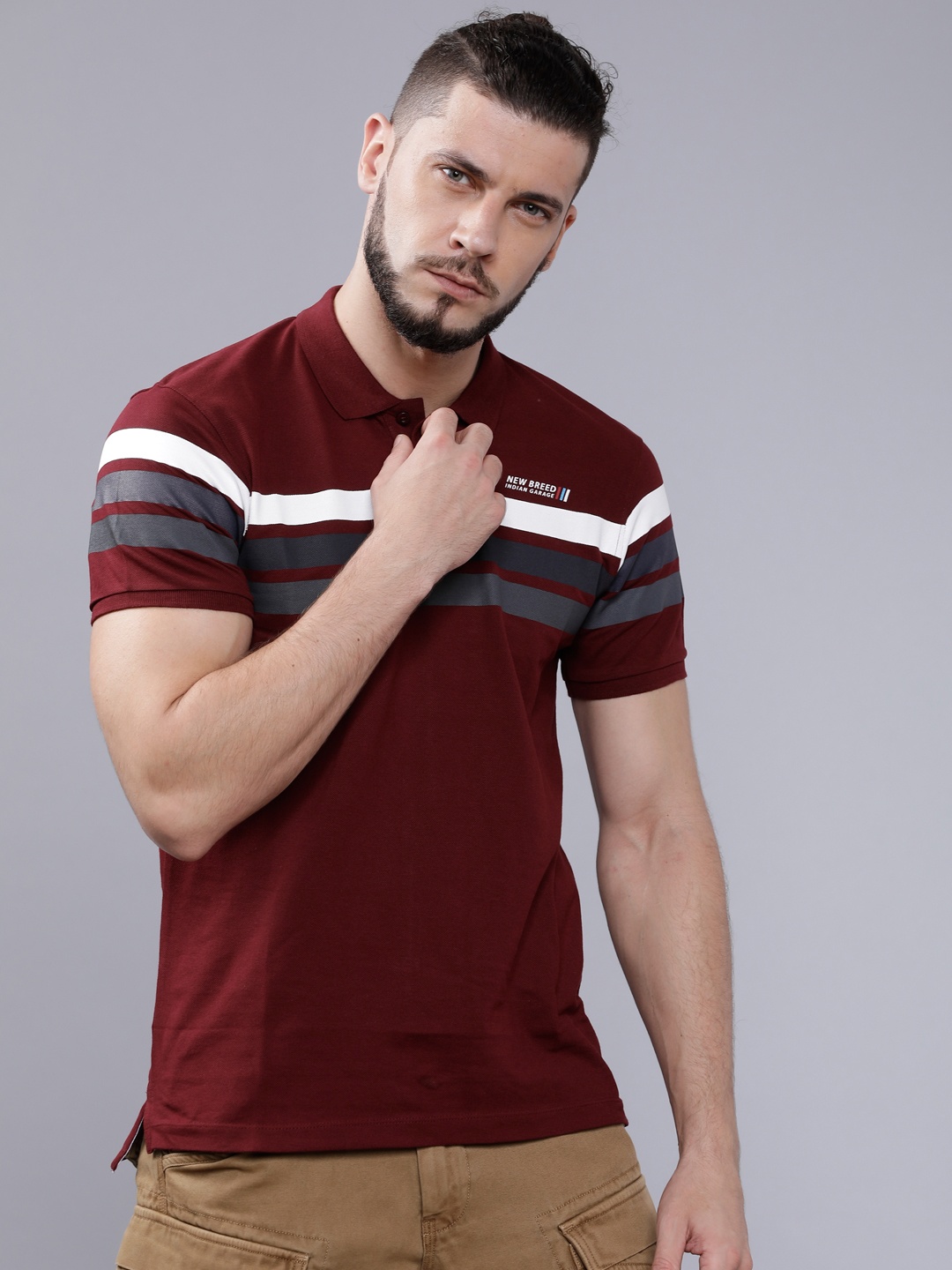 

The Indian Garage Co Men Burgundy Striped Polo Collar T-shirt