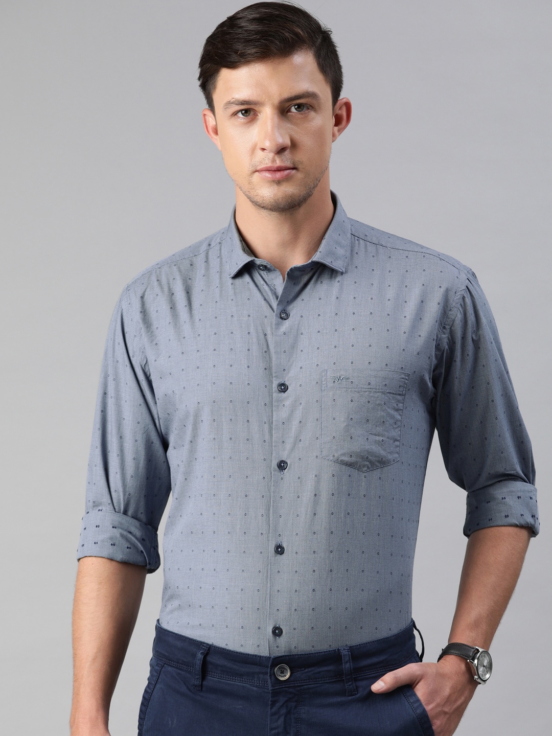 

Park Avenue Men Navy Blue & Grey Slim Fit Self Design Smart Casual Shirt