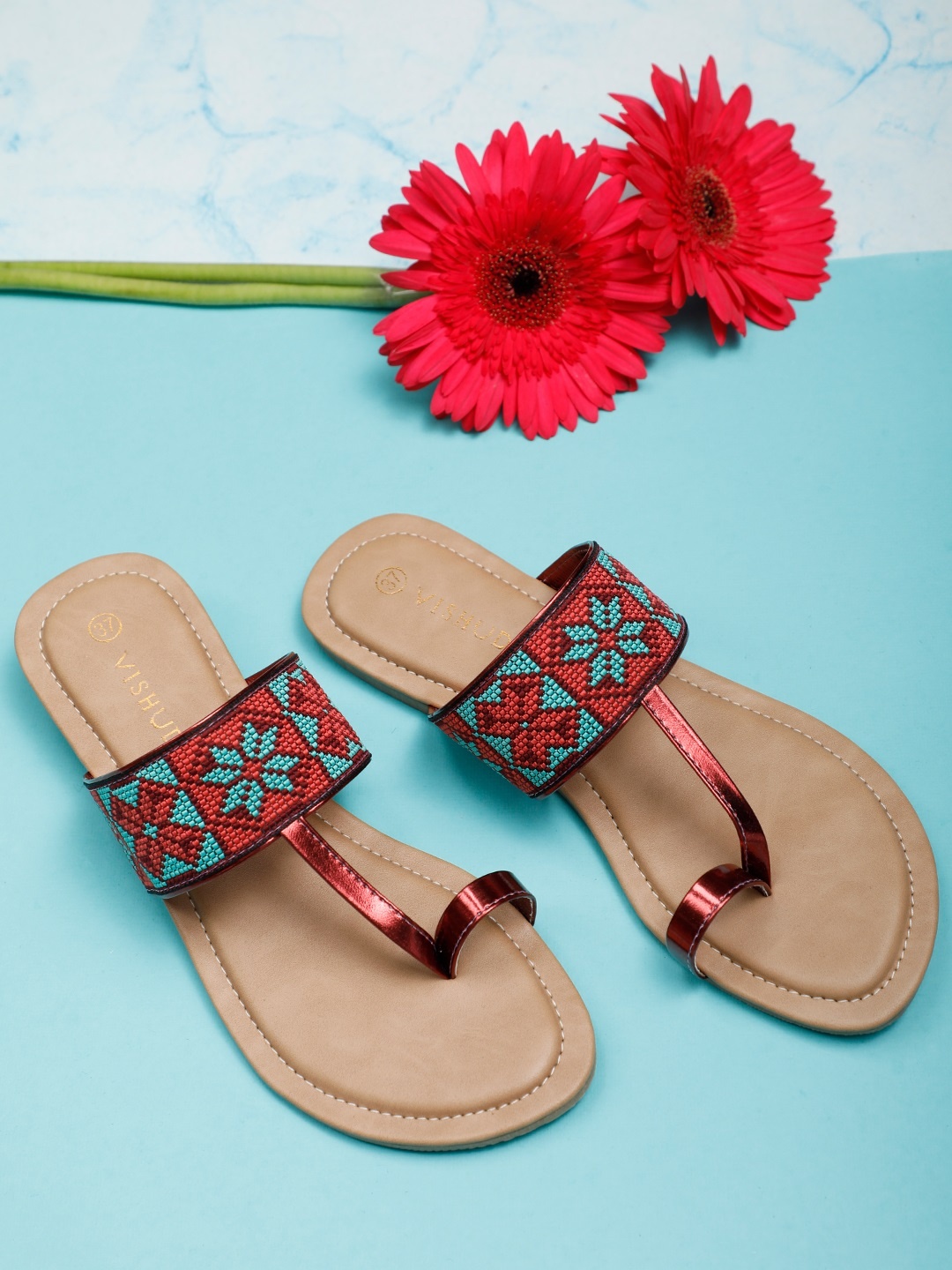 

Vishudh Women Maroon Embellished T-Strap Flats