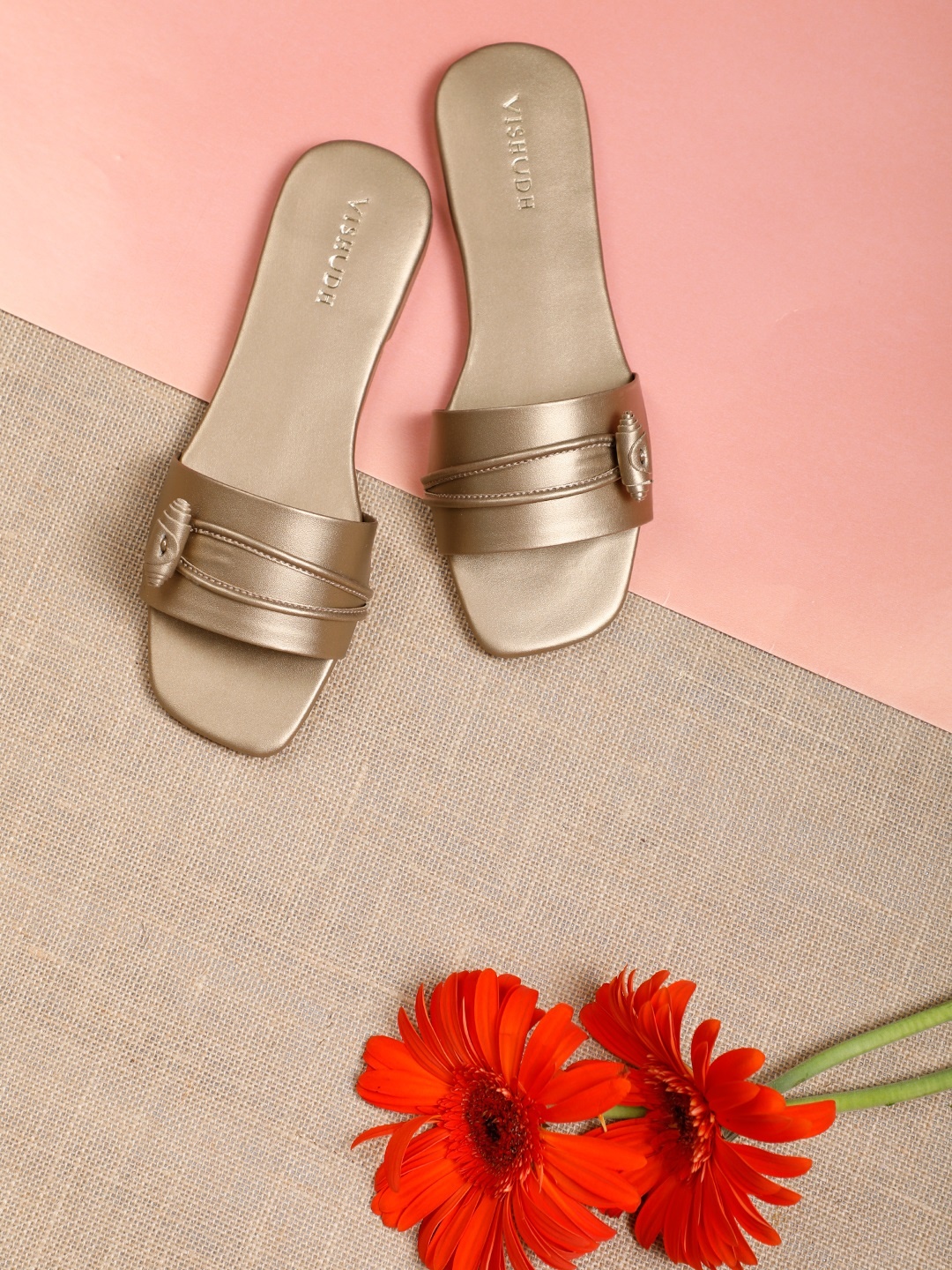 

Vishudh Women Gold-Toned Embellished Open Toe Flats