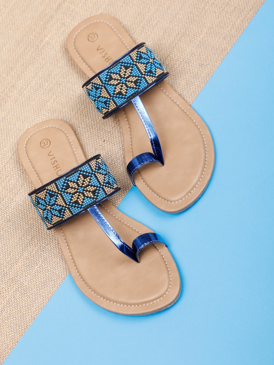 

Vishudh Women Navy Blue Embellished T-Strap Flats