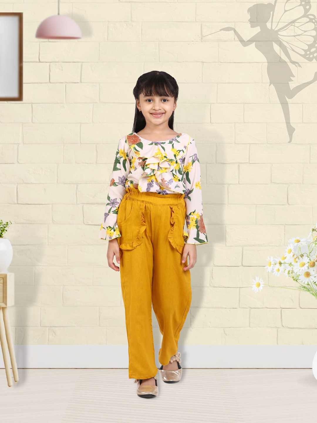 

Cutiekins Girls Cream-Coloured & Mustard Yellow Printed Top with Trousers