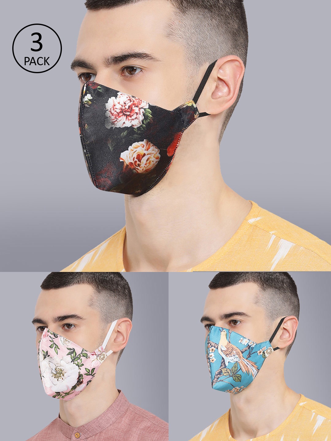 

VASTRAMAY Adults Pack Of 3 Printed 4-Ply Reusable Cloth Masks, Blue