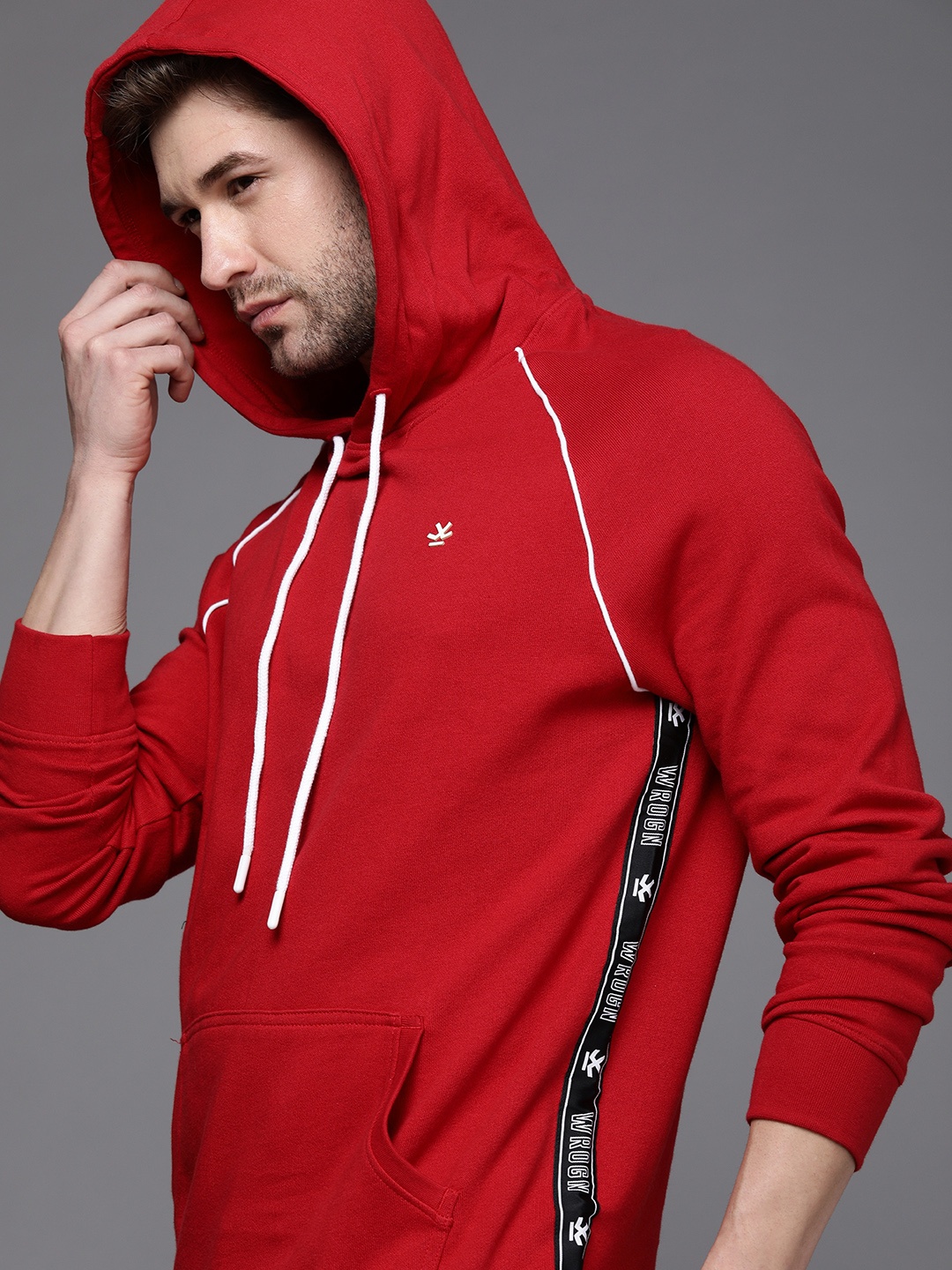 

WROGN Men Red Printed Hooded Pure Cotton Brand Logo Print Sweatshirt