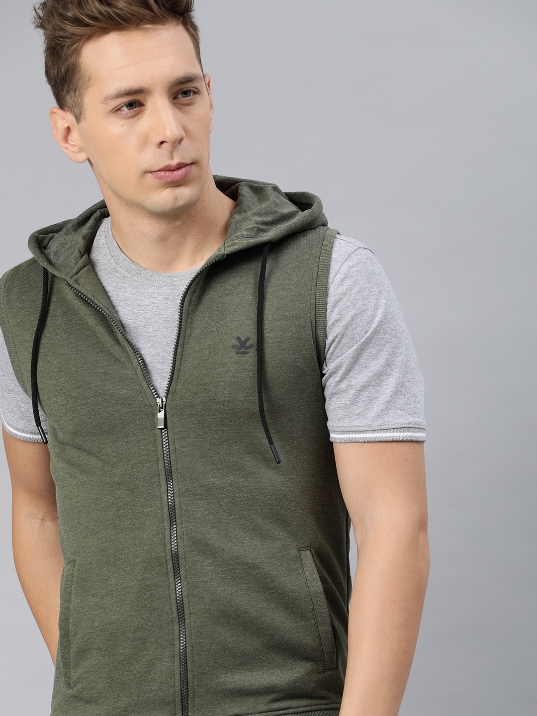

WROGN Men Olive Green Solid Hooded Sweatshirt