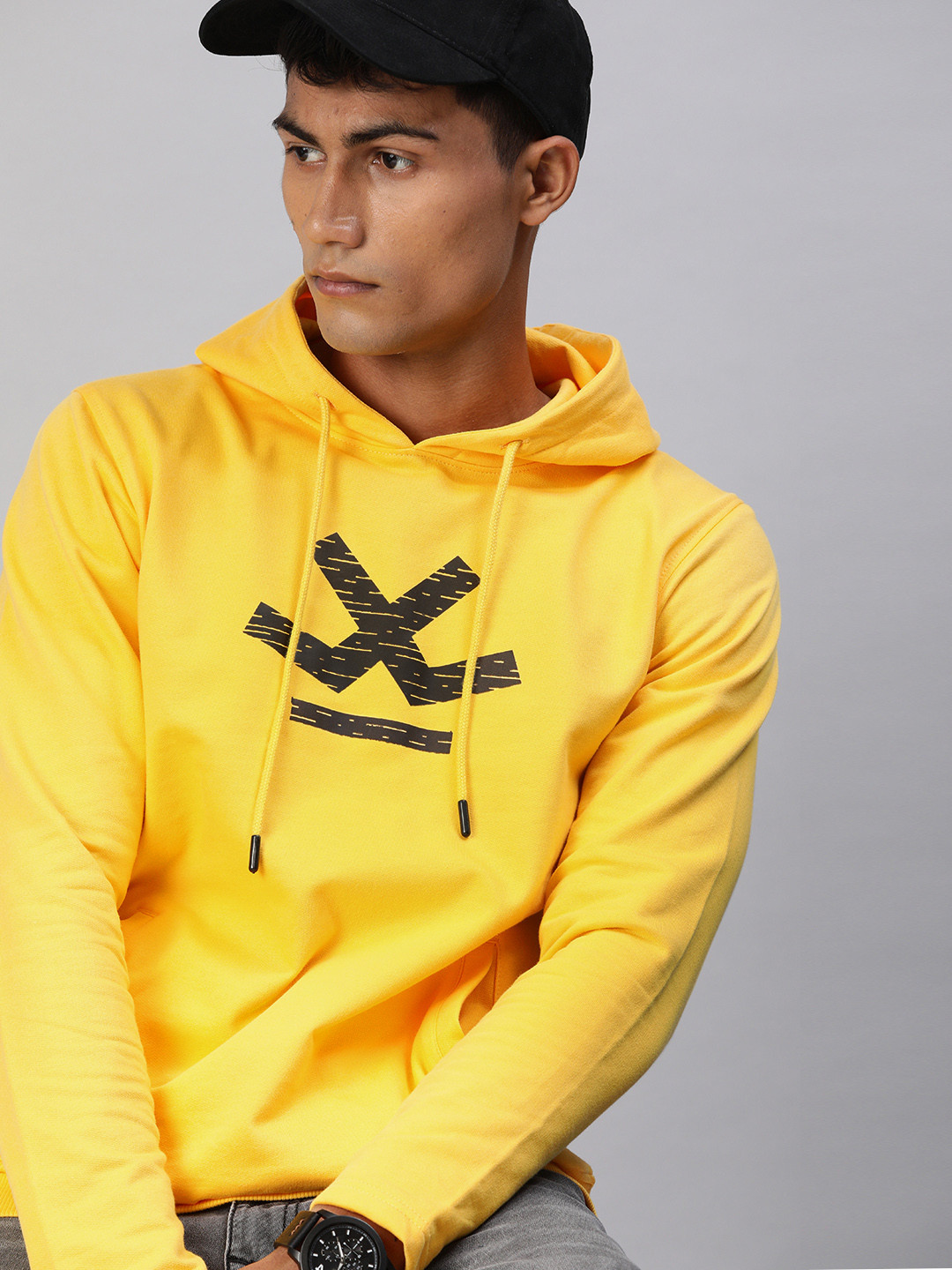 

WROGN Men Yellow Printed Slim Fit Hood Sweatshirt