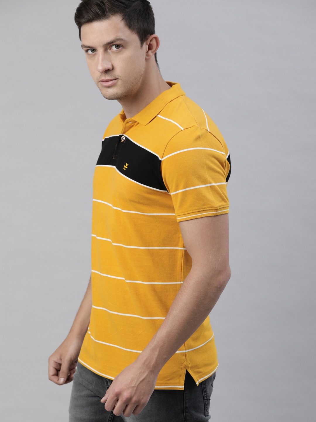 

WROGN Men Mustard Yellow White Striped Polo Collar Pure Cotton T-shirt
