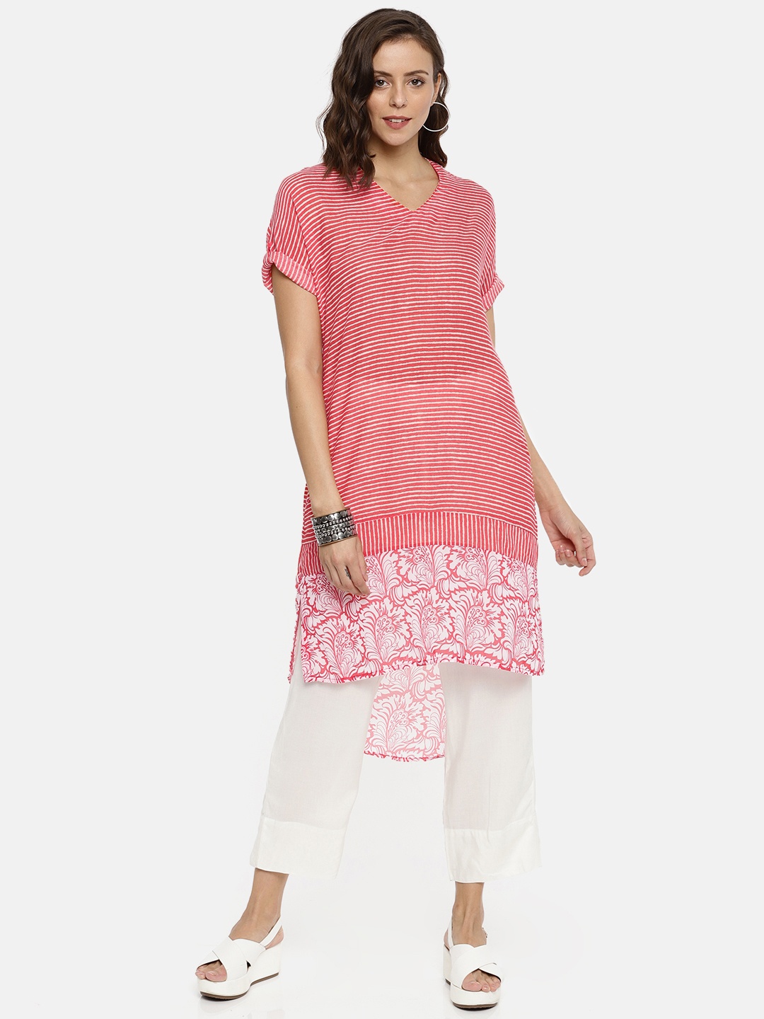 

BIBA Red Striped Straight High-Low Kurta