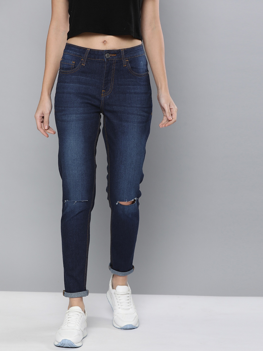

Harvard Women Navy Blue Skinny Fit Mid-Rise Slash Knee Jeans