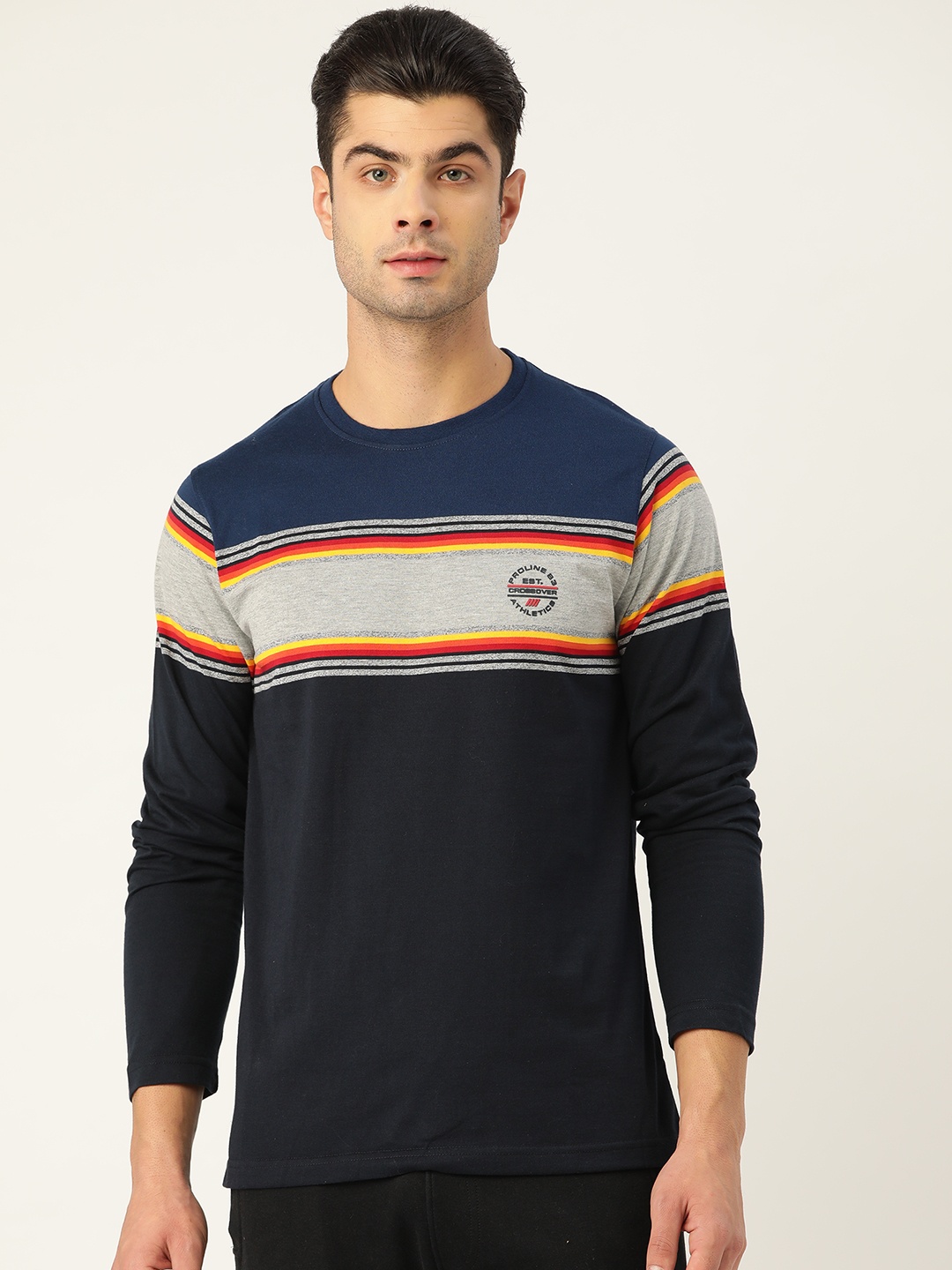 

Proline Active Men Navy Blue & Grey Melange Colourblocked Round Neck T-Shirt
