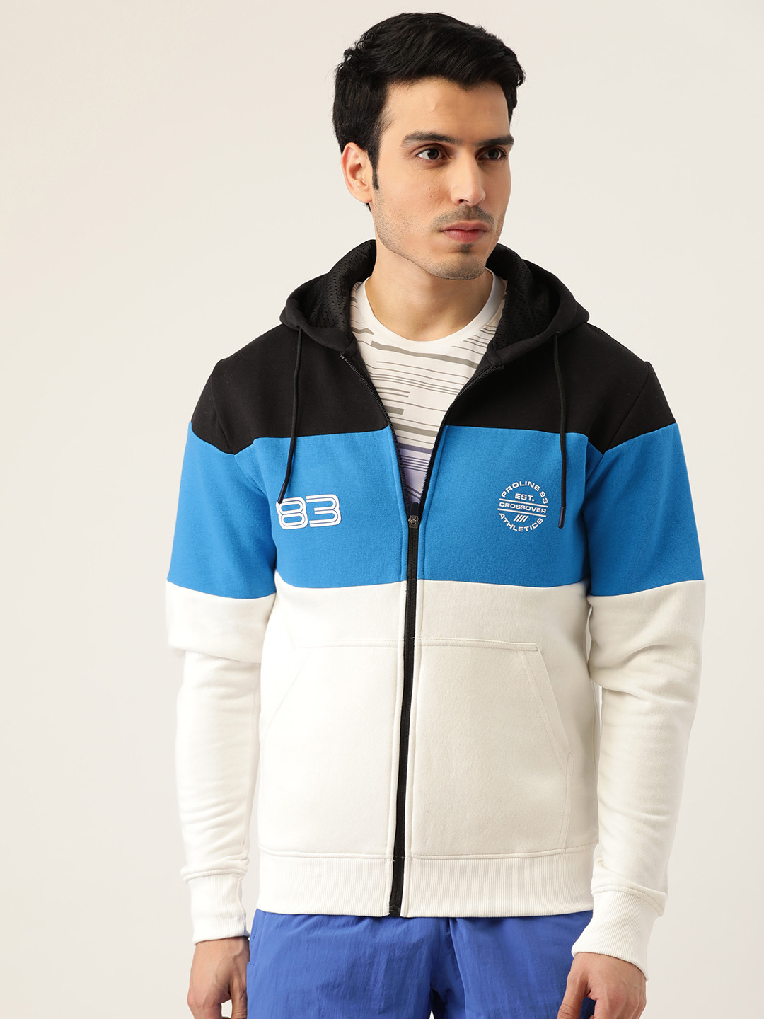 

Proline Active Men Off-White & Blue Colourblocked Hooded Sweatshirt