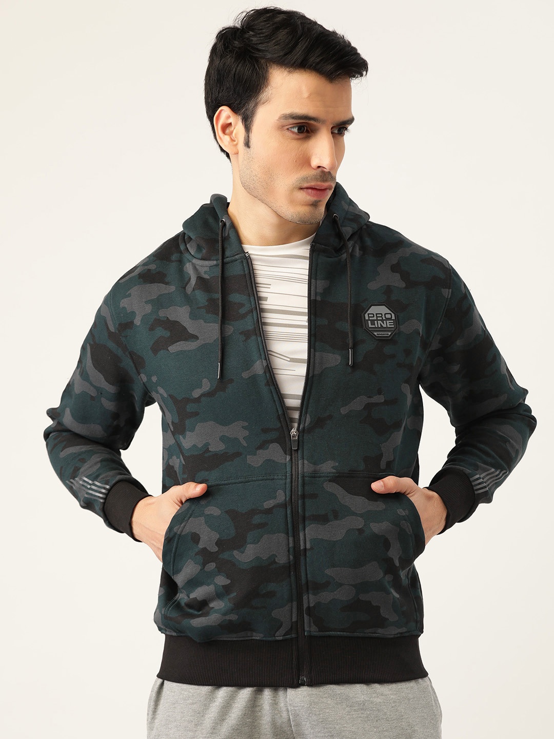 

Proline Active Men Green & Grey Camouflage Print Hooded Sweatshirt