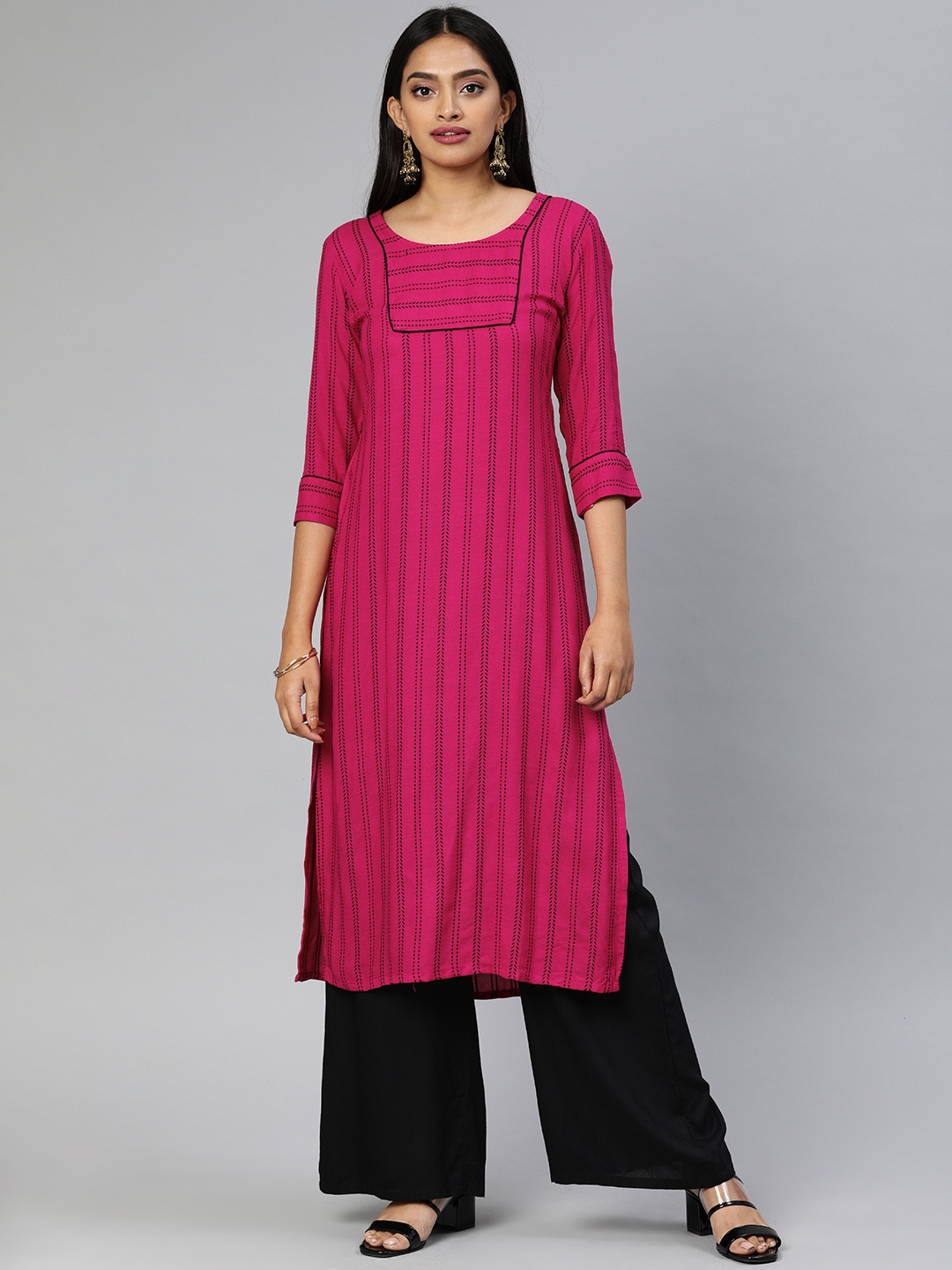 

Swishchick Women Pink & Black Striped Straight Kurta