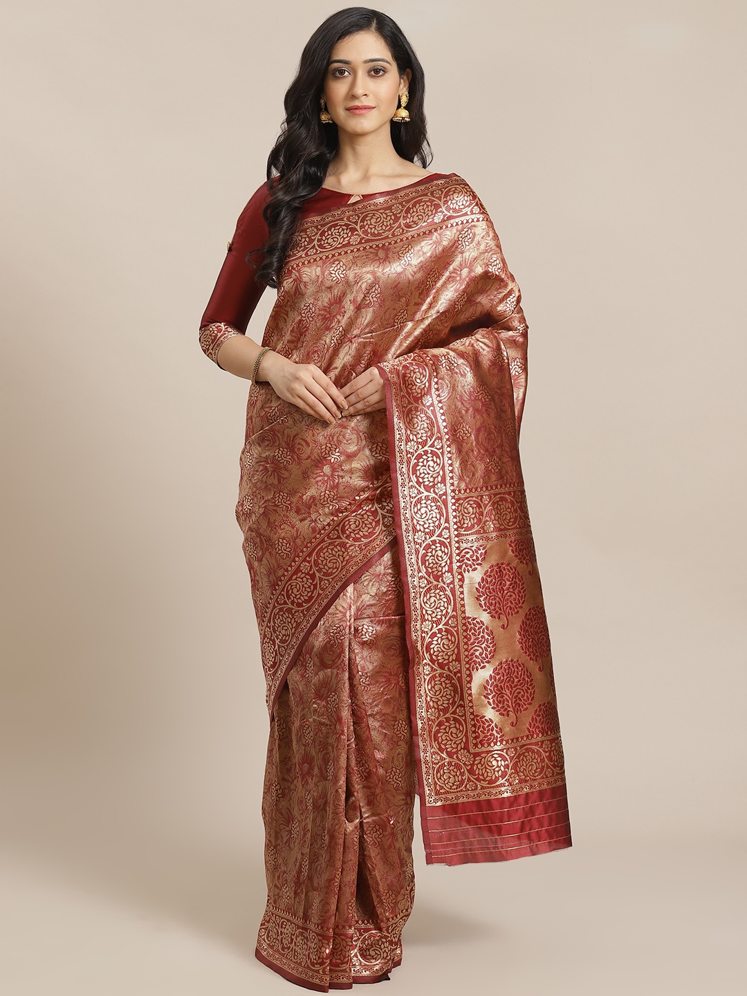 

Mitera Maroon & Golden Zari Woven Design Dharmavaram Saree