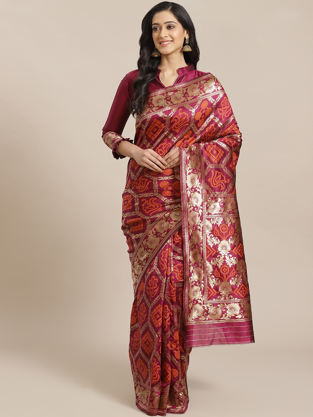 

Mitera Magenta & Orange Zari Woven Design Handloom Dharmavaram Saree