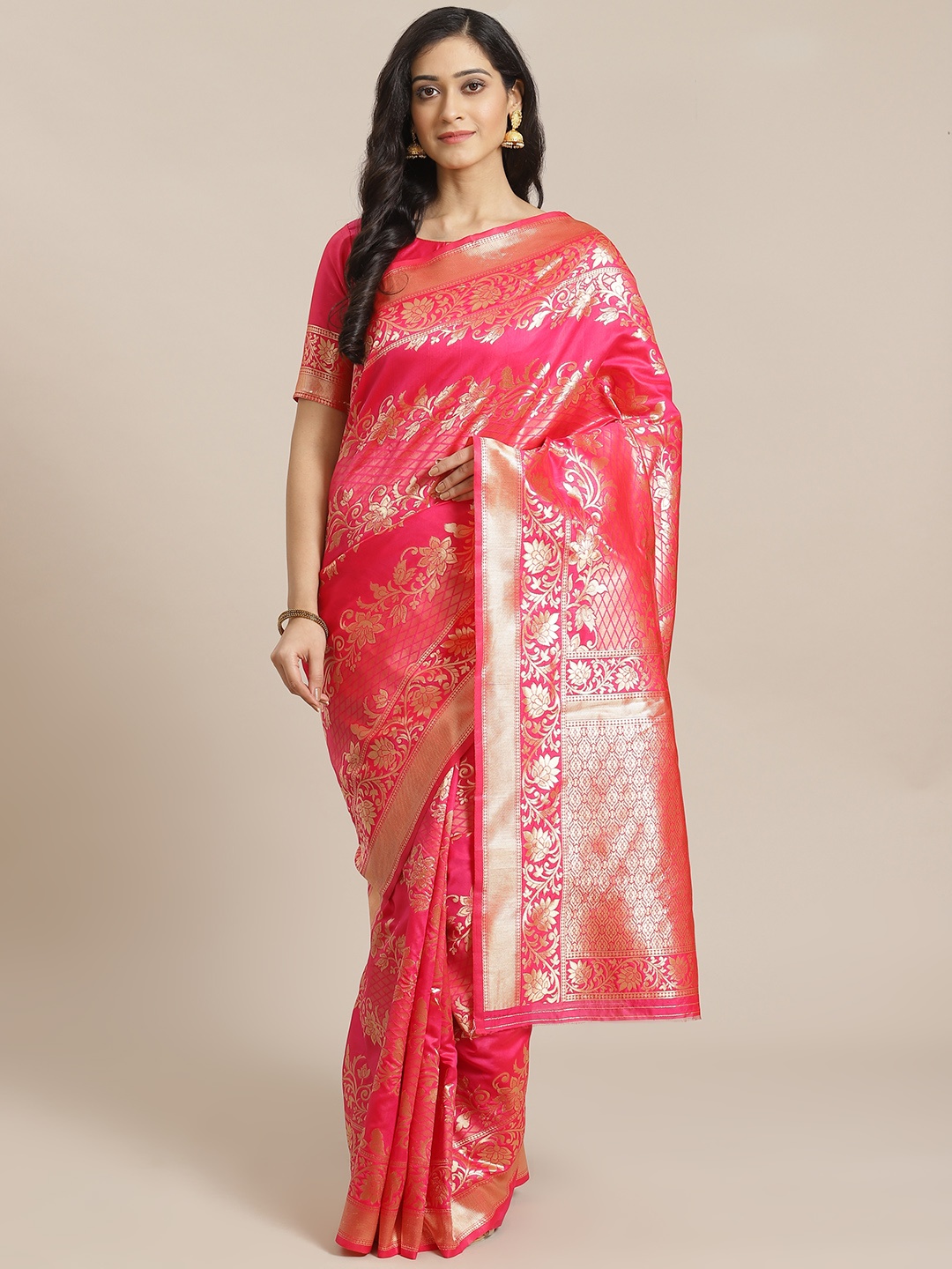 

Mitera Pink & Golden Zari Woven Design Dharmavaram Saree