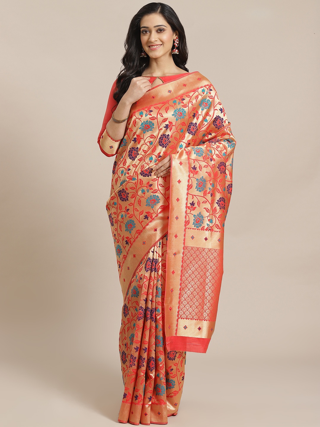 

Mitera Coral Orange & Golden Zari Woven Design Dharmavaram Saree