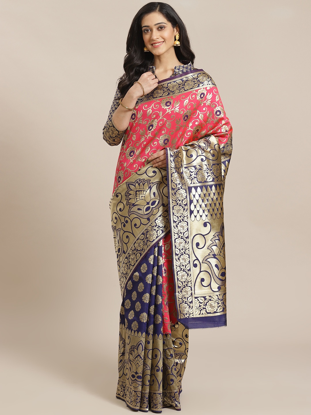 

Mitera Pink & Blue Zari Woven Design Half & Half Dharmavaram Saree