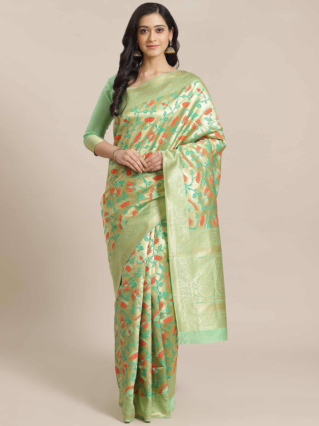 

Mitera Green & Golden Zari Woven Design Dharmavaram Celebrity Saree
