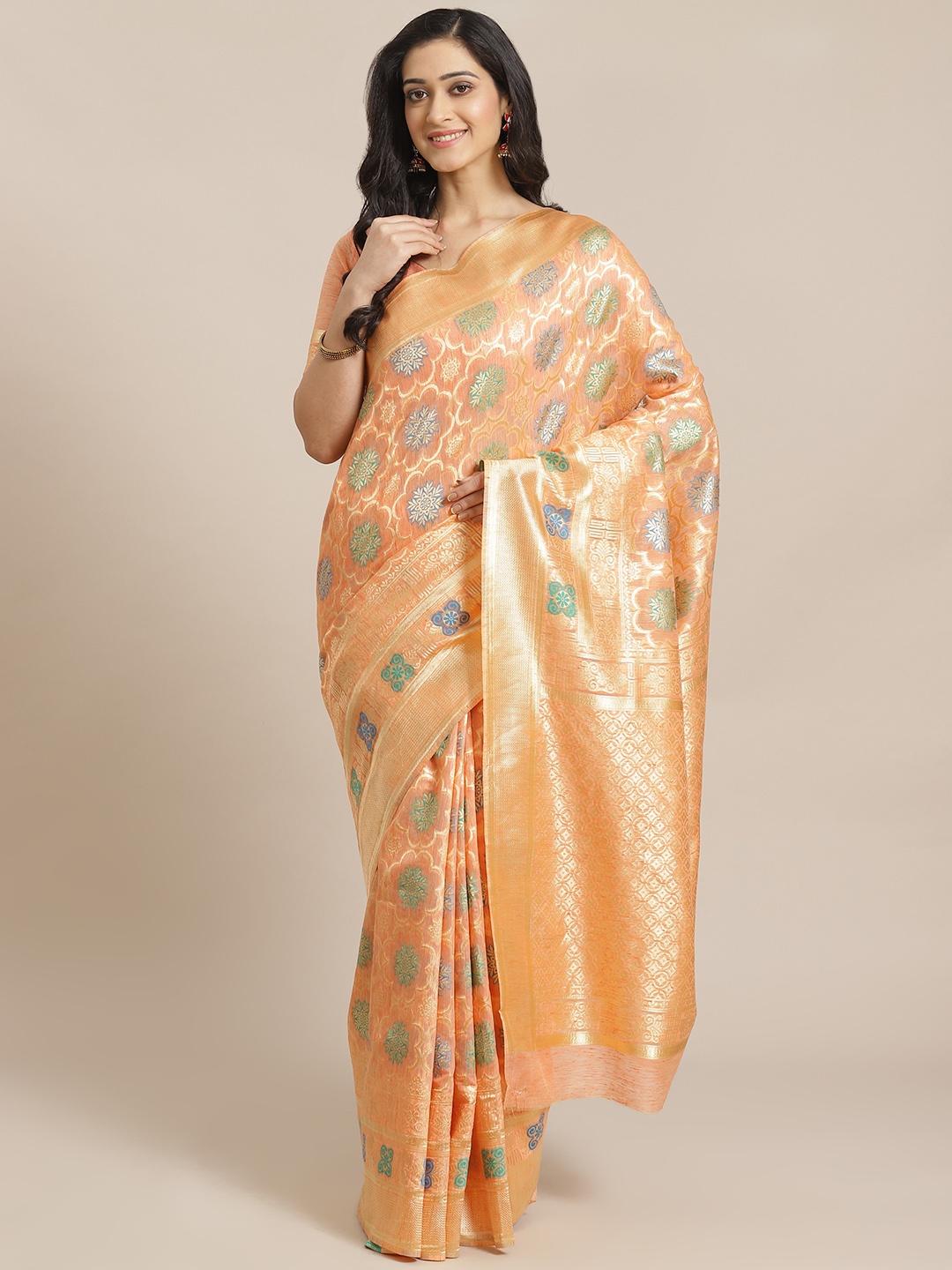 

Mitera Peach-Coloured & Golden Woven Design Dharmavaram Saree