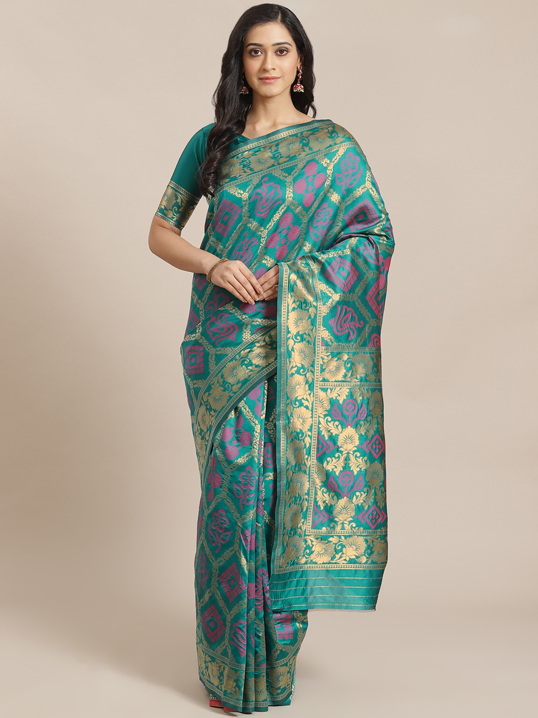 

Mitera Teal & Golden Zari Woven Design Bandhani Handloom Dharmavaram Saree