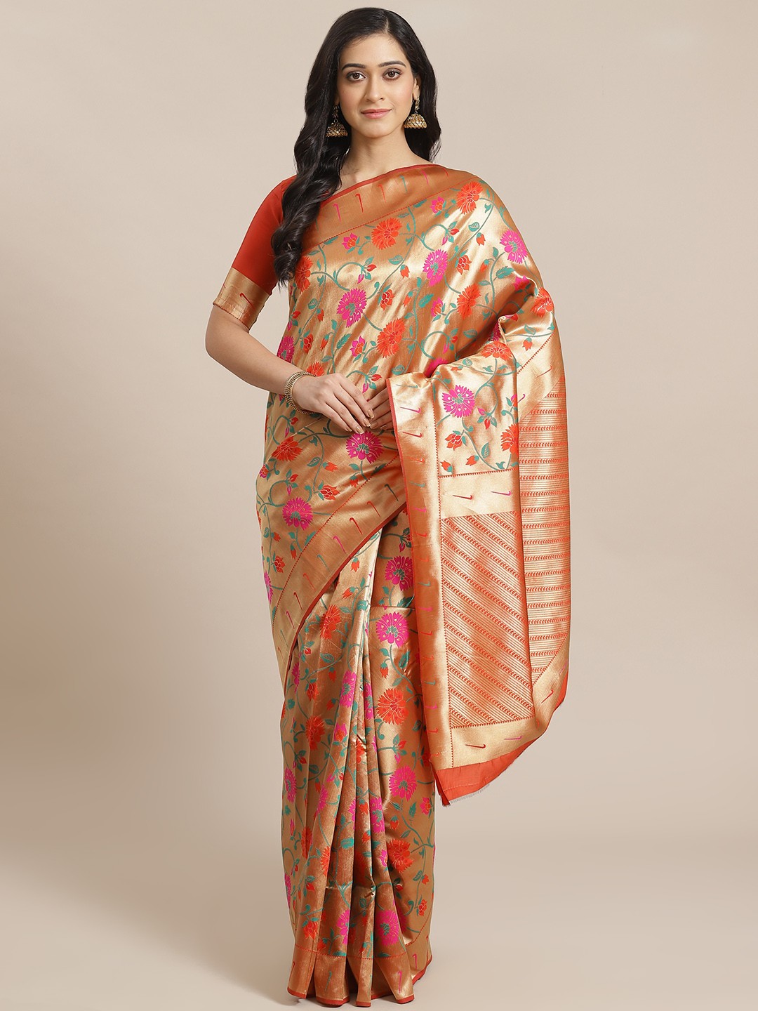

Mitera Red & Golden Zari Woven Design Dharmavaram Saree