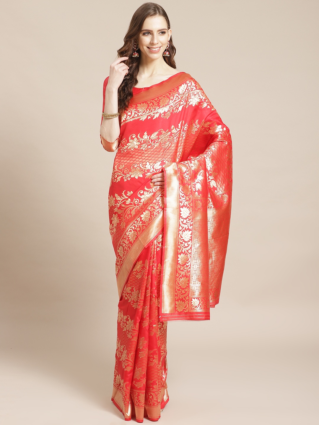 

Mitera Red & Golden Zari Woven Design Dharmavaram Saree