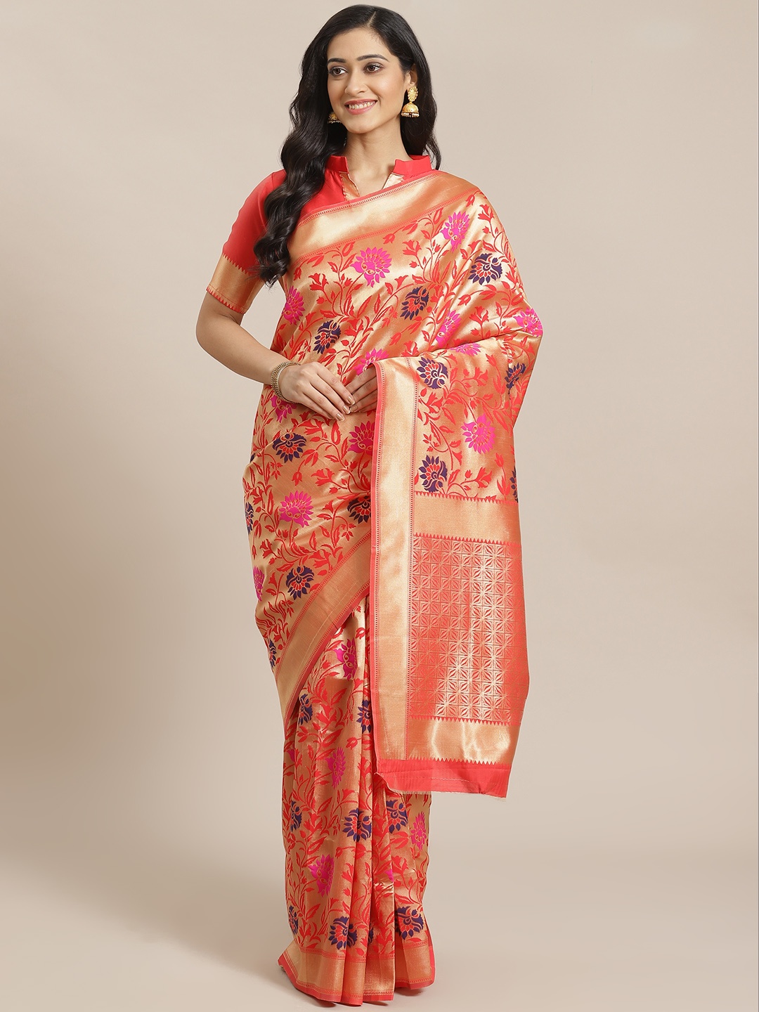 

Mitera Peach-Coloured & Golden Woven Design Dharmavaram Saree