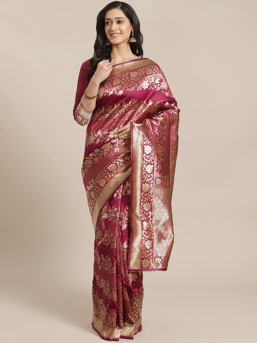 

Mitera Magenta & Golden Zari Woven Design Dharmavaram Saree