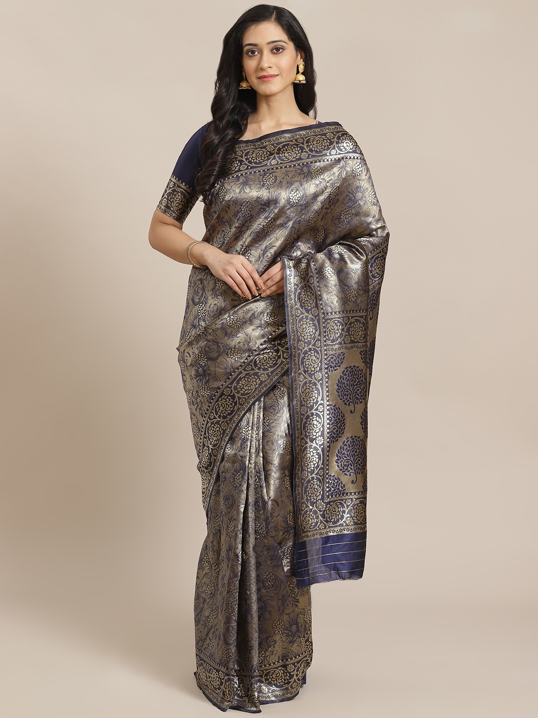 

Mitera Navy & Golden Zari Woven Design Dharmavaram Saree, Navy blue