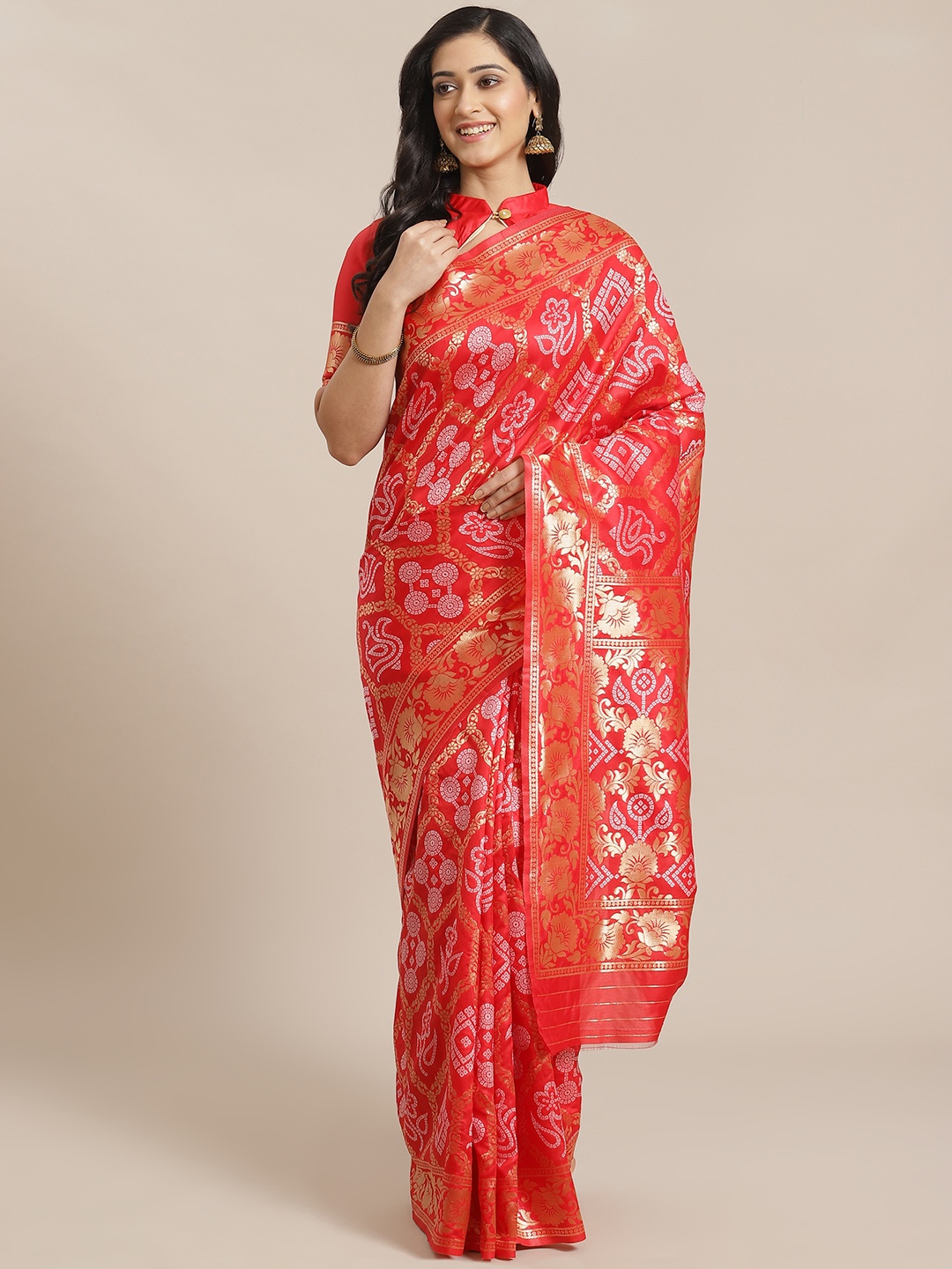 

Mitera Red & Golden Zari Woven Design Bandhani Handloom Dharmavaram Saree