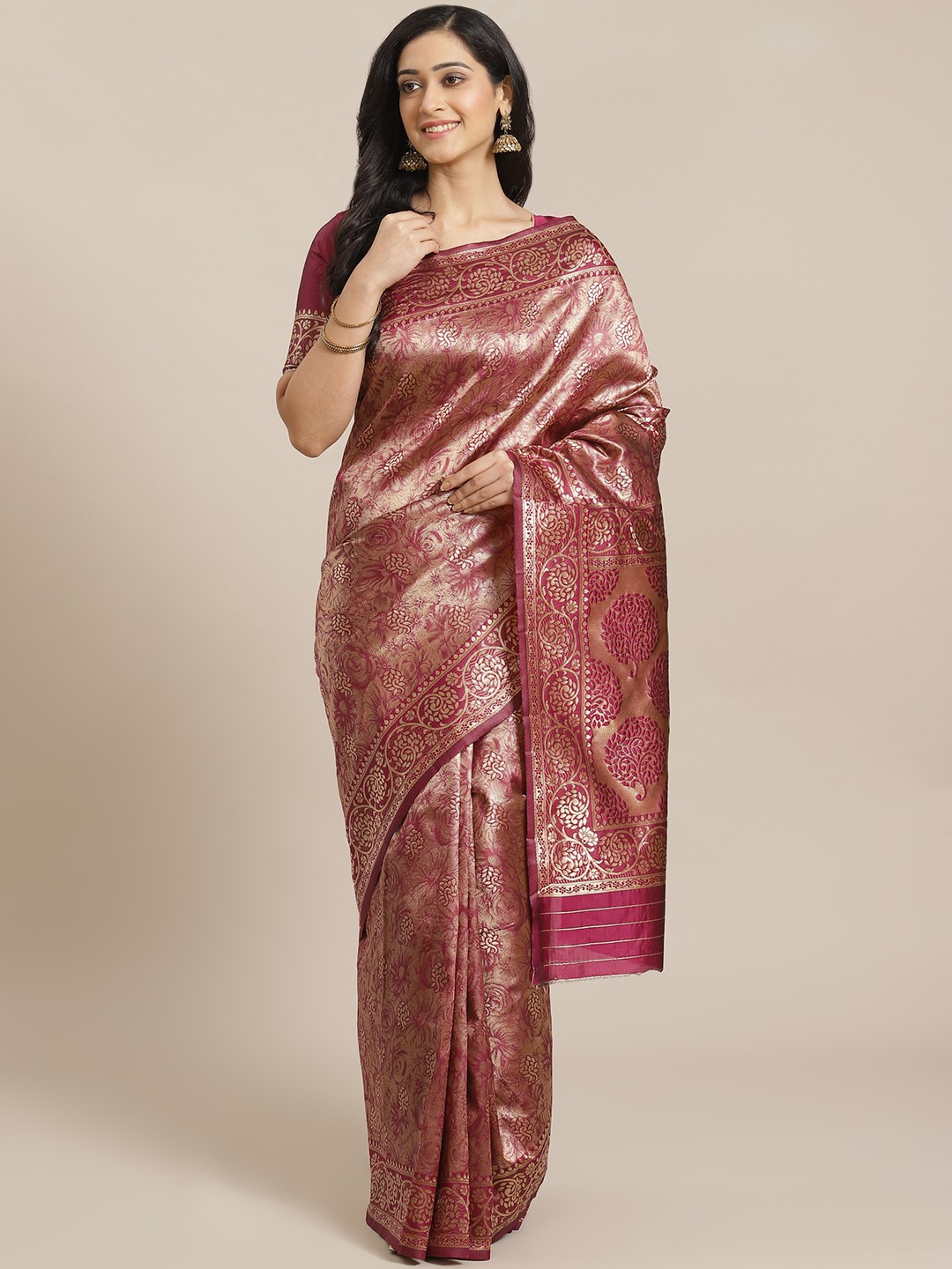 

Mitera Magenta & Golden Zari Woven Design Dharmavaram Saree