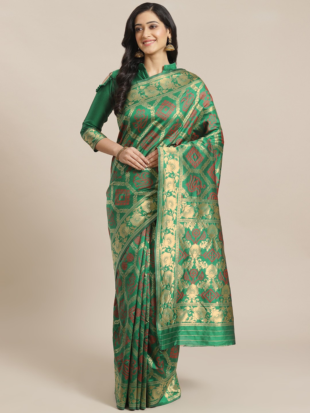 

Mitera Green & Red Zari Woven Design Bandhani Dharmavaram Handloom Saree