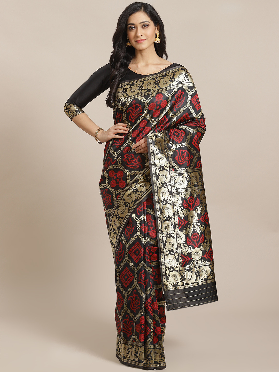 

Mitera Black & Red Zari Woven Design Handloom Dharmavaram Saree