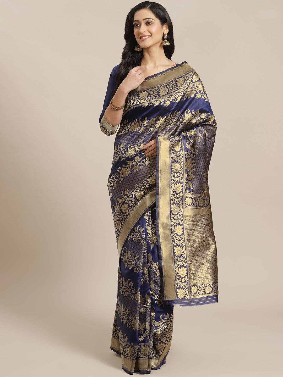 

Mitera Navy Blue & Golden Zari Woven Design Dharmavaram Saree