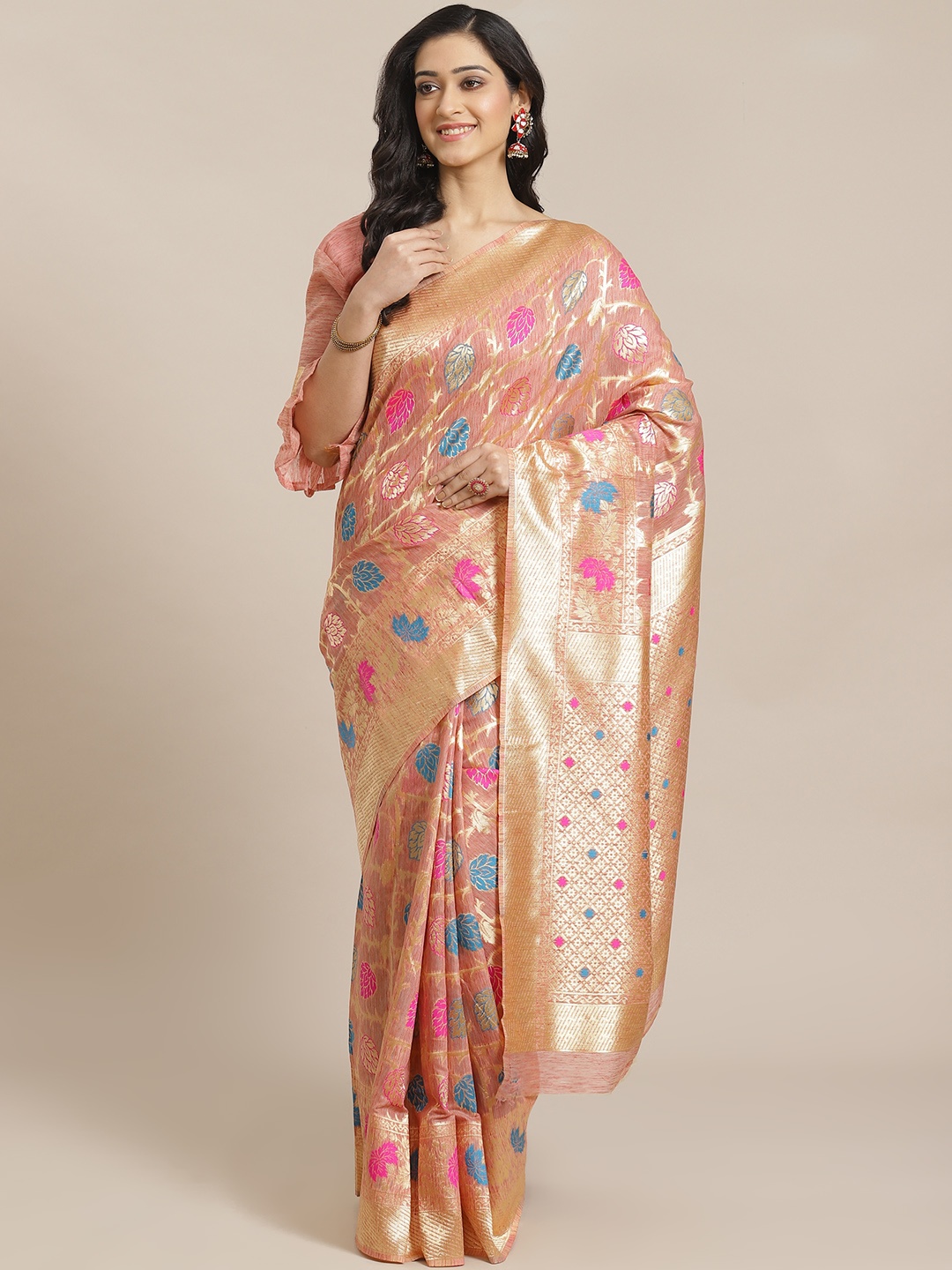 

Mitera Pink & Golden Zari Woven Design Dharmavaram Saree