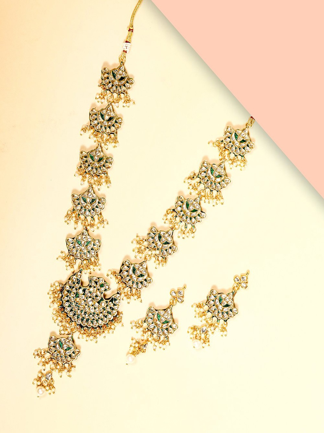 

Priyaasi Gold-Plated Green & White Kundan-Studded With Bead Drops Jewellery Set