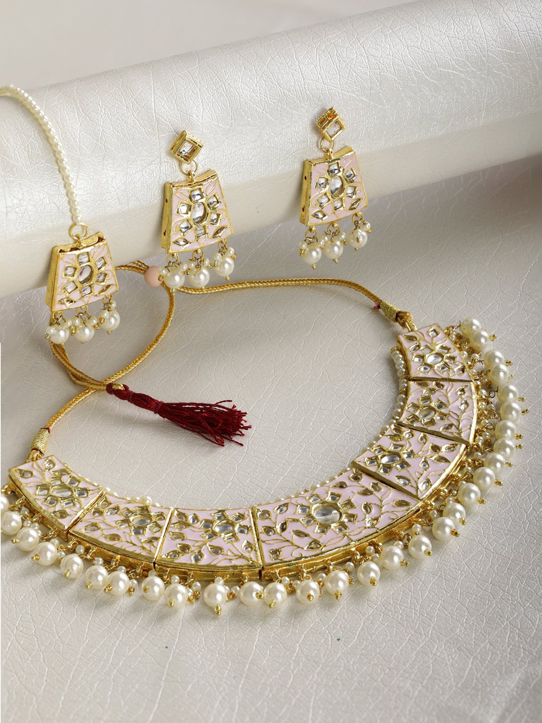 

Priyaasi Gold-Plated Pink & White Kundan-Studded Bead Drops Jewellery Set