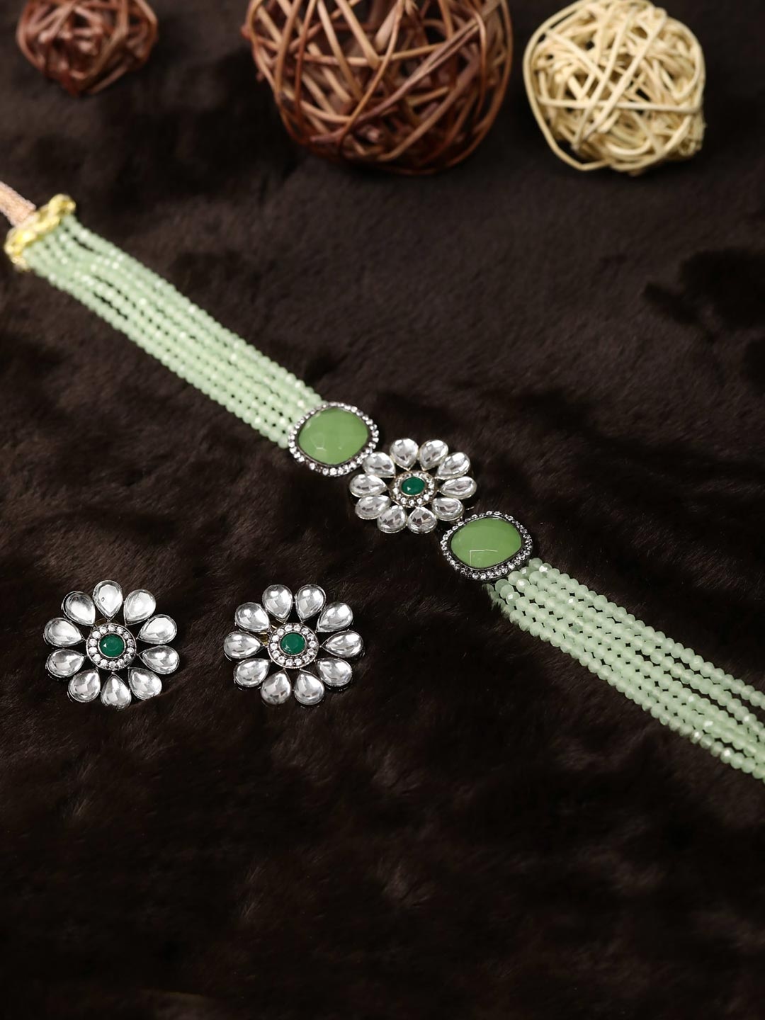

Priyaasi Women Silver-Plated Green Stone & Beads Studded Choker Jewellery Set