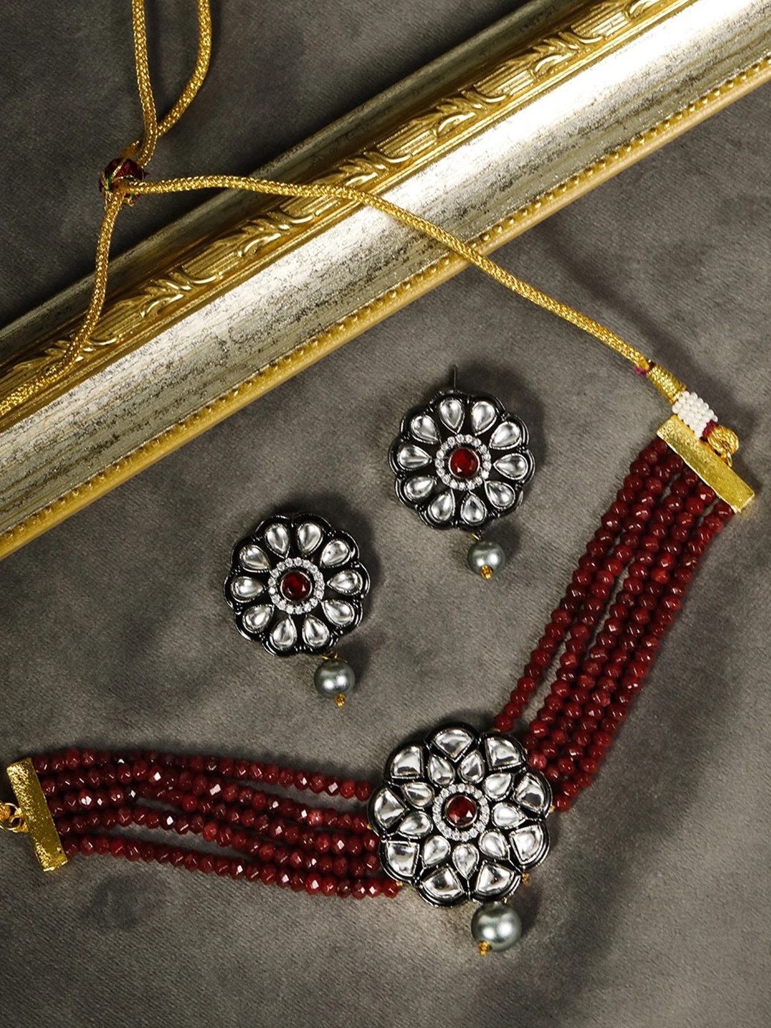 

Priyaasi Maroon Oxidised Silver-Plated Studded & Beaded Handcrafted Choker Jewellery Set