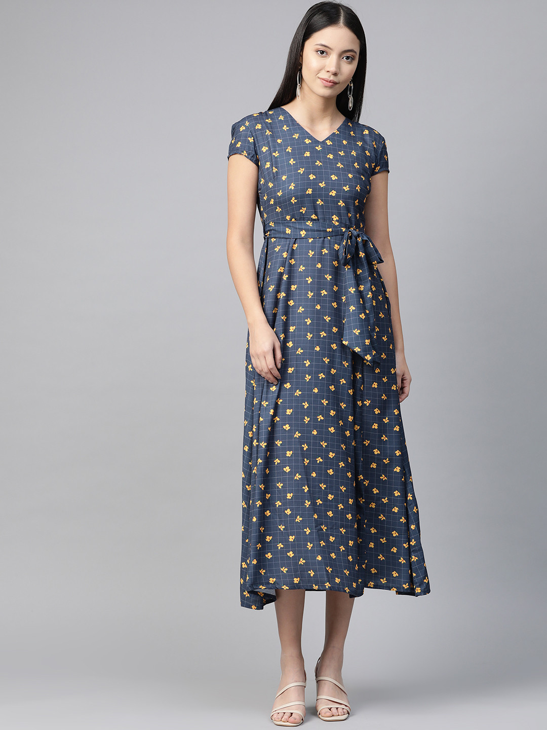

plusS Women Navy Blue & Yellow Floral Print A-Line Dress