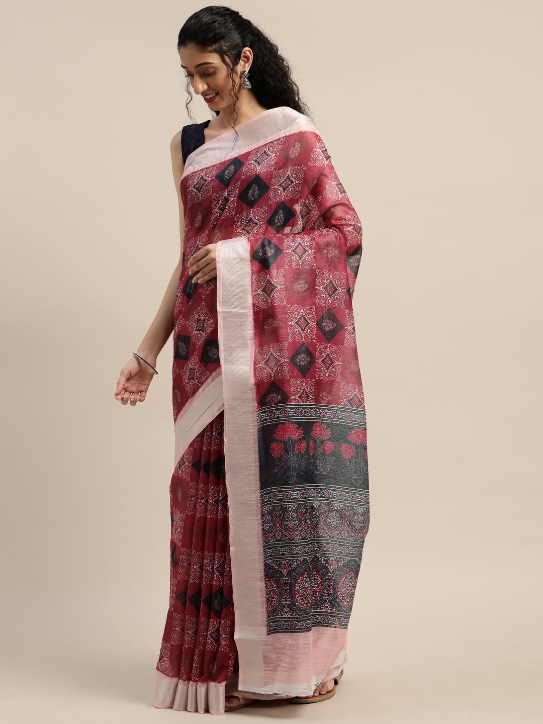 

PURVAJA Magenta Pink & Black Linen Blend Printed Saree