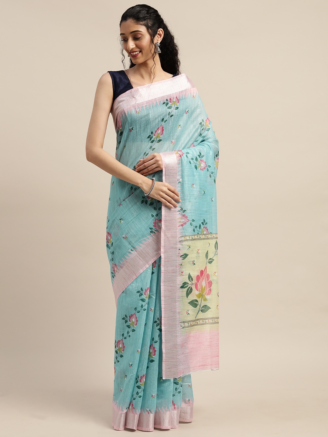 

PURVAJA Turquoise Blue & Yellow Linen Blend Printed Saree