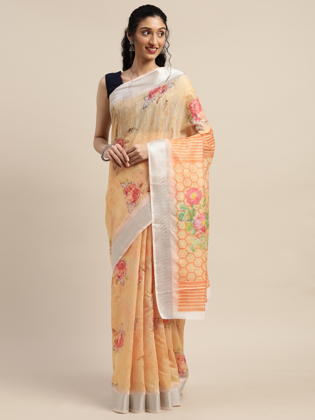 

PURVAJA Orange & White Linen Blend Floral Printed Saree