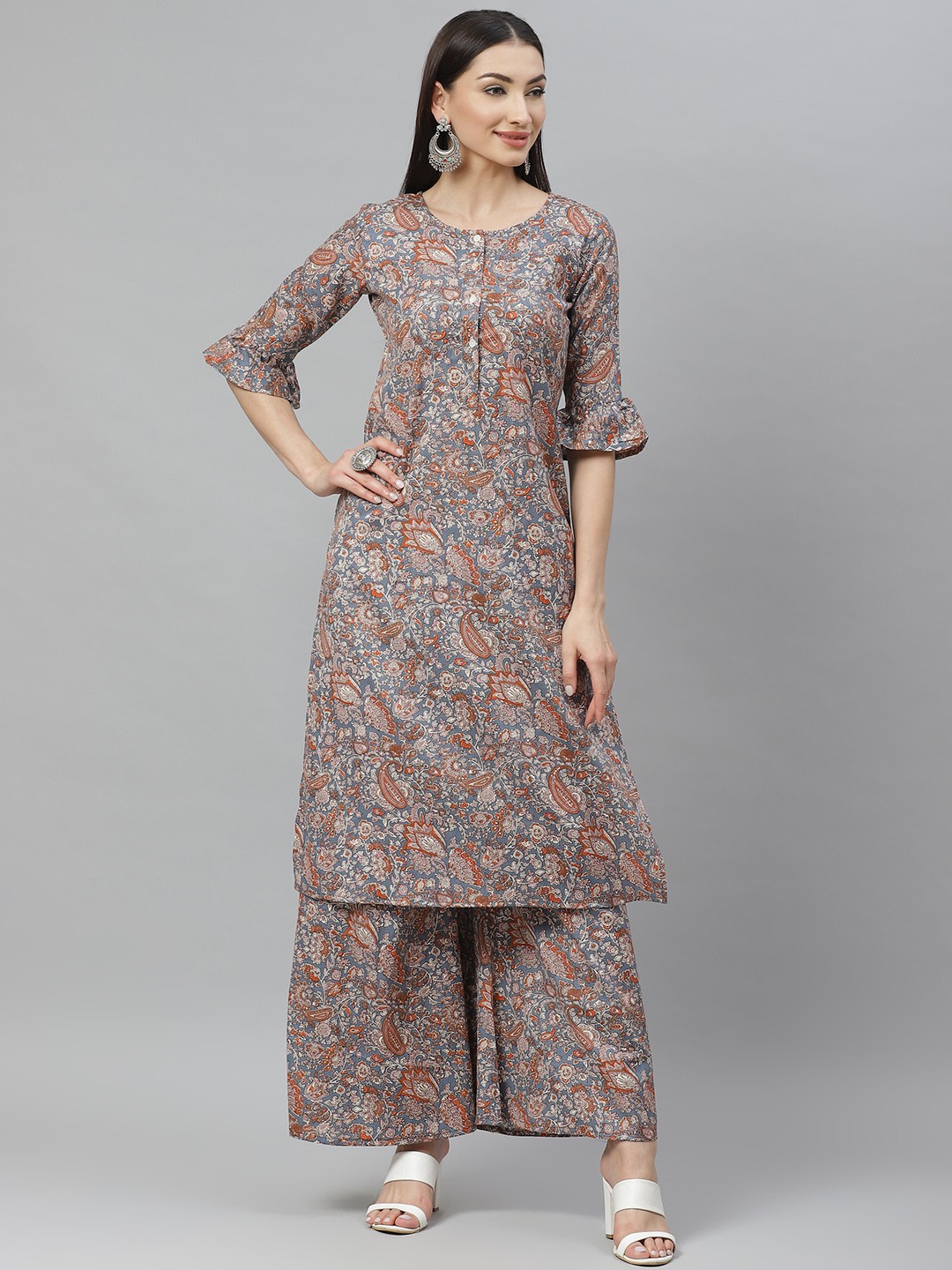 

Myshka Women Blue & Brown Paisley Printed Kurta with Palazzos
