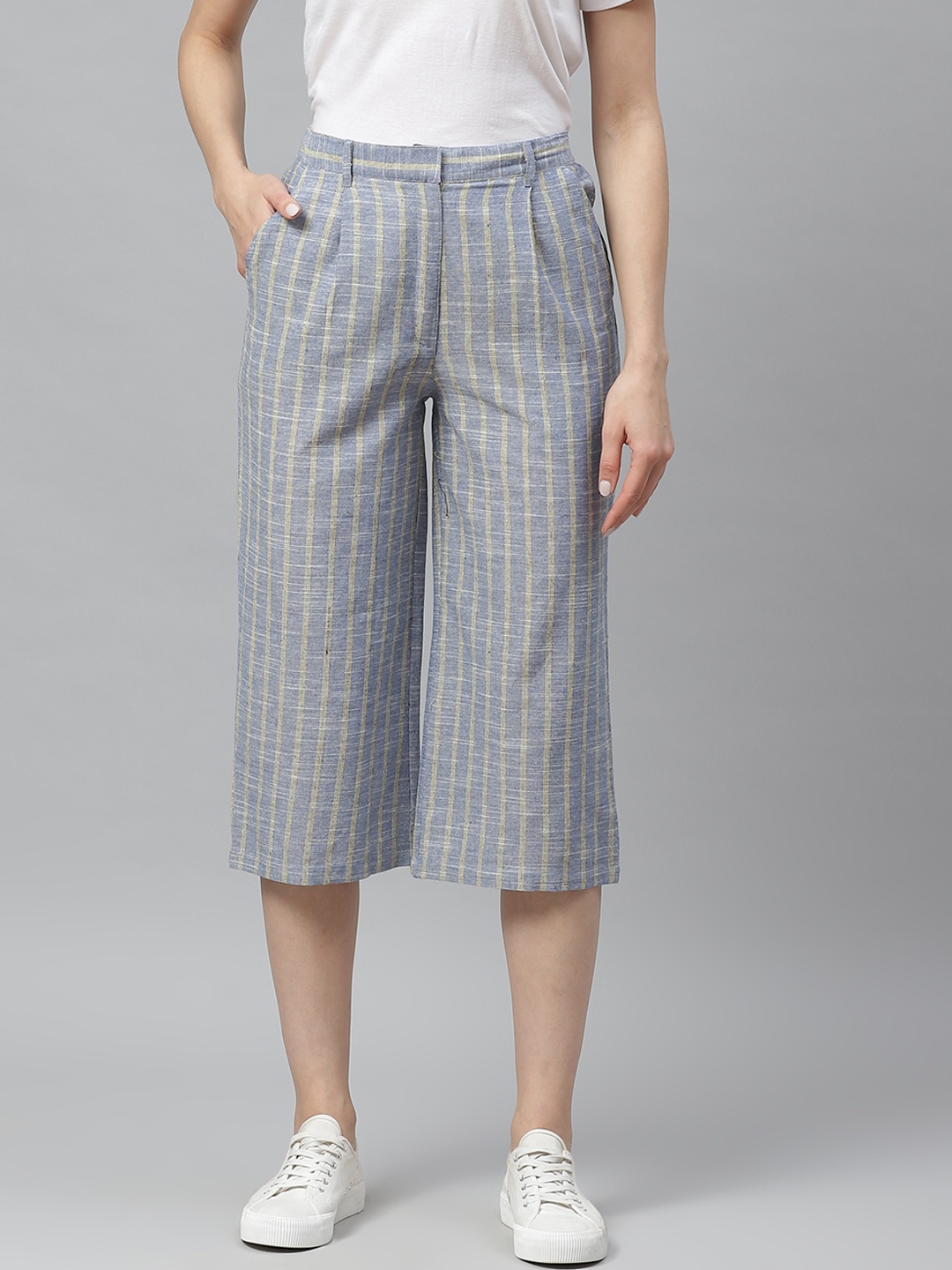 

Myshka Women Grey & Yellow Striped Regular Fit Culottes