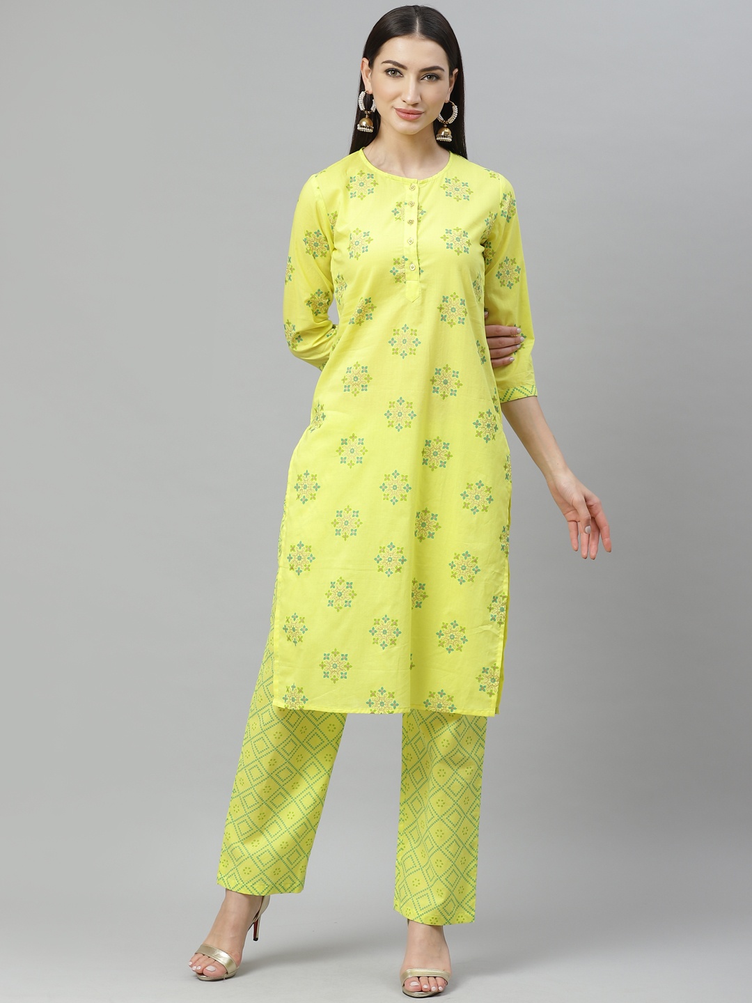 

Myshka Women Lime Green & Teal Printed Kurta with Trousers