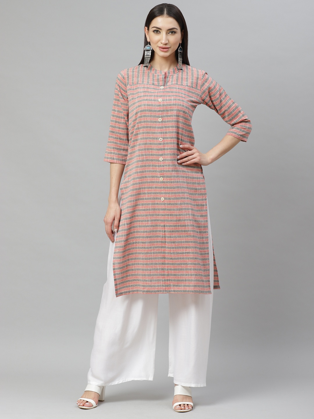 

Myshka Women Red & Grey Striped Straight Kurta