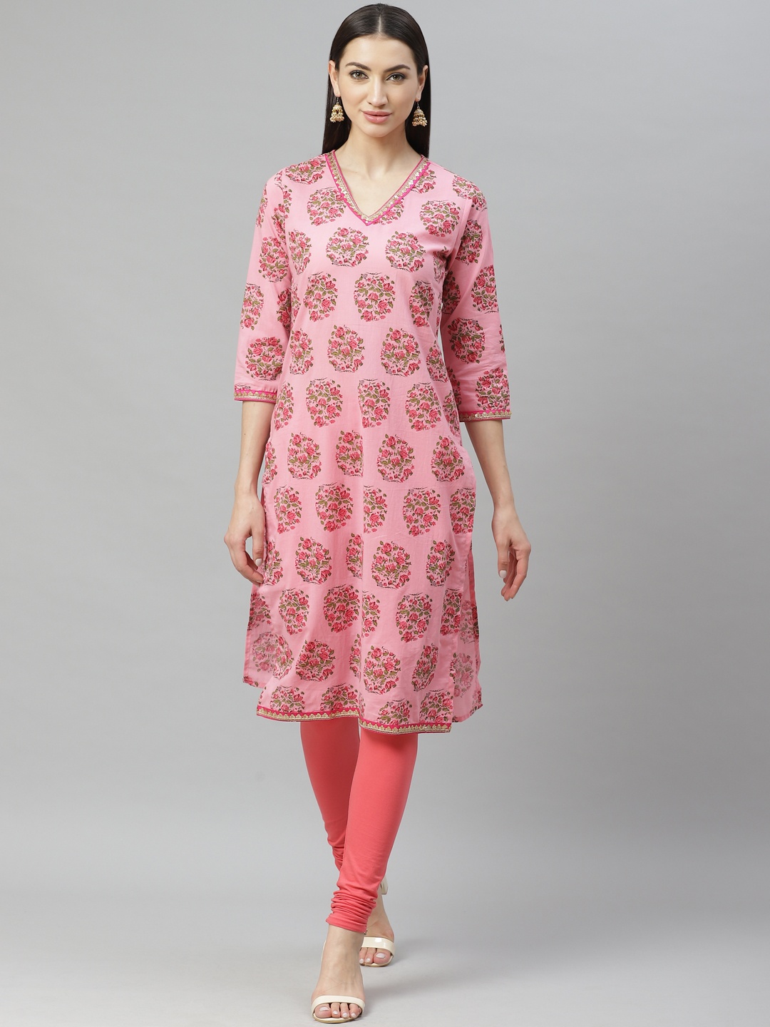 

Myshka Women Pink & Green Printed Straight Kurta