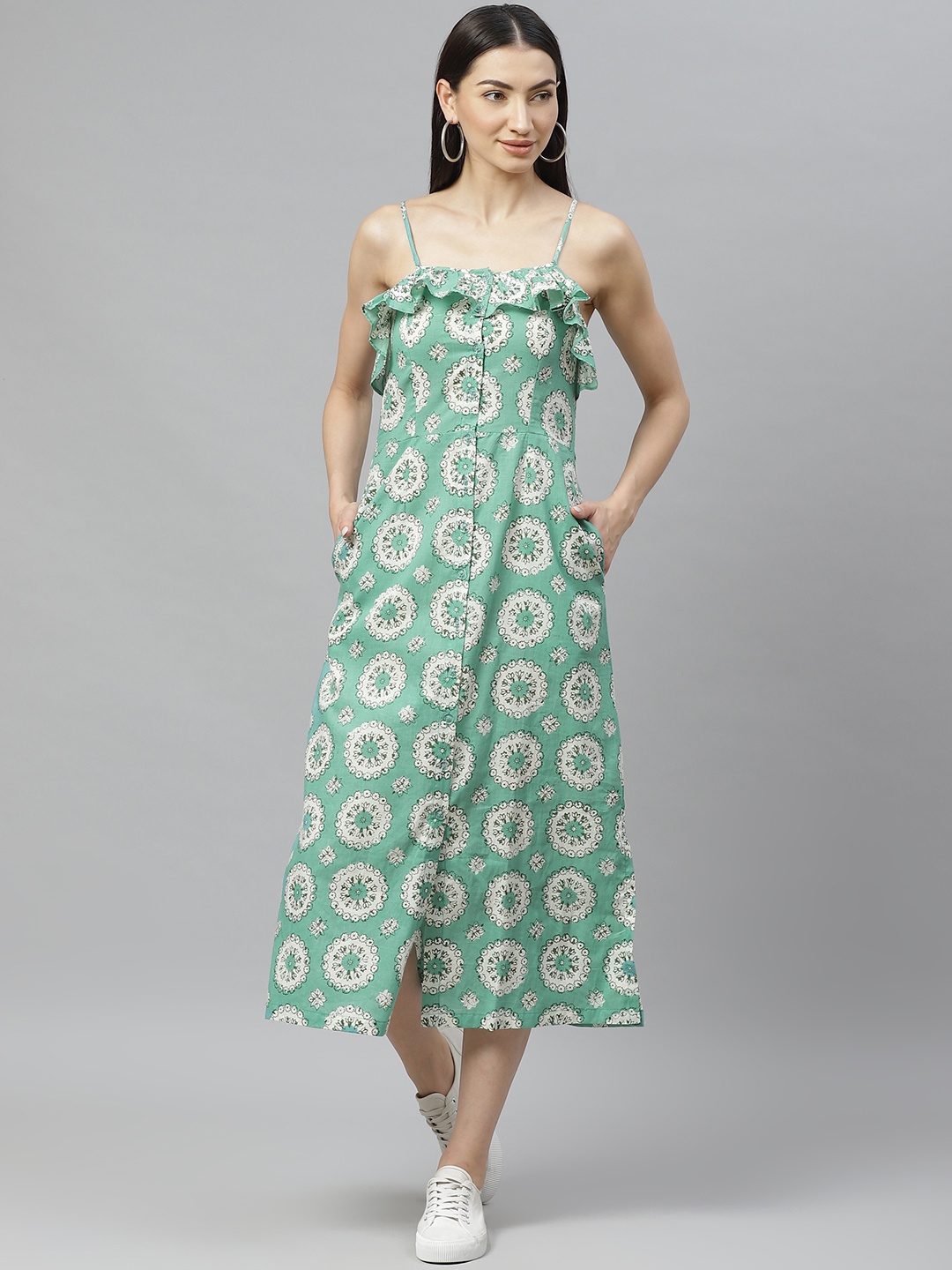 

Myshka Women Green and White Printed A-Line Dress